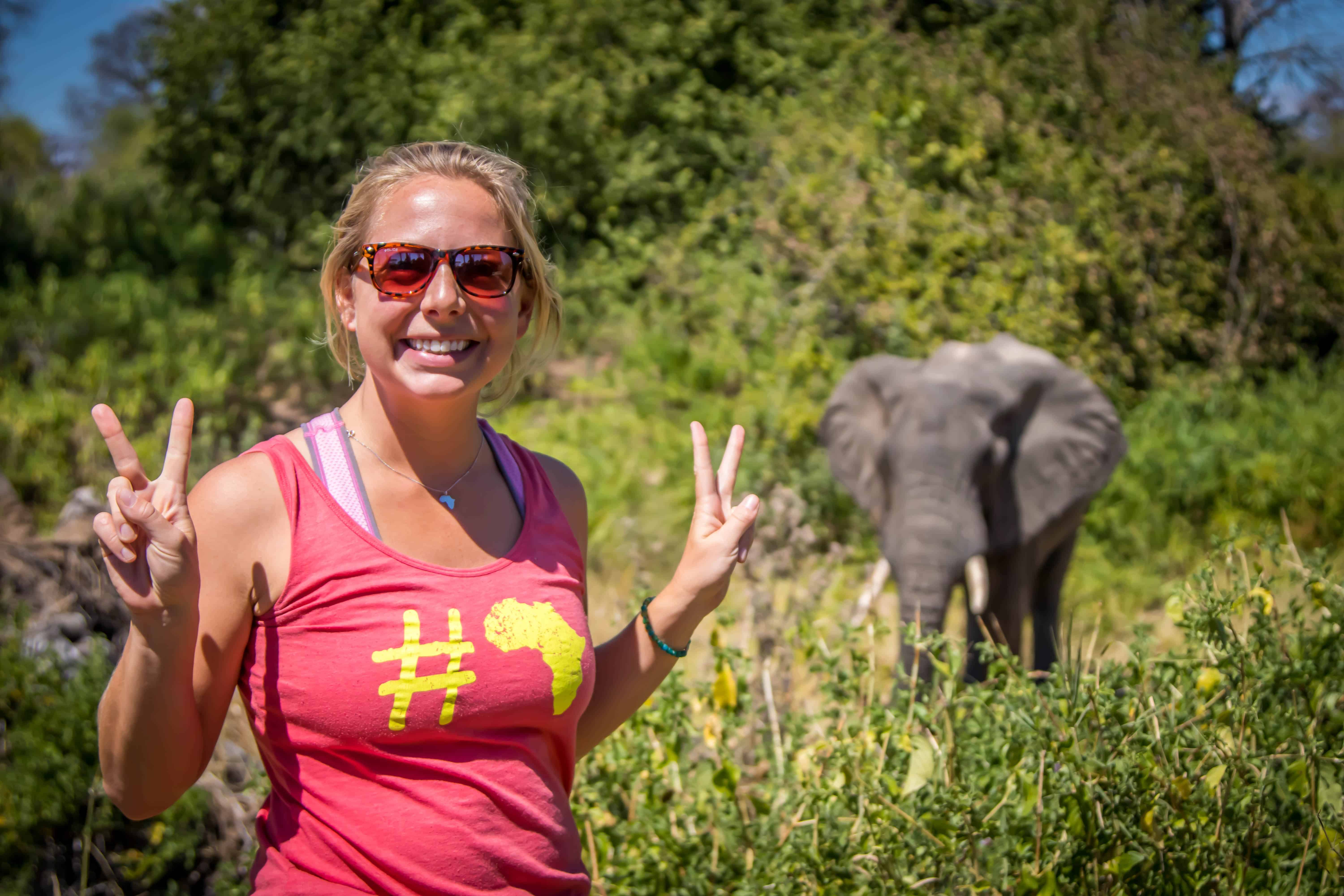 Natasha posing with an elephant in Ruaha National Park Tanzania