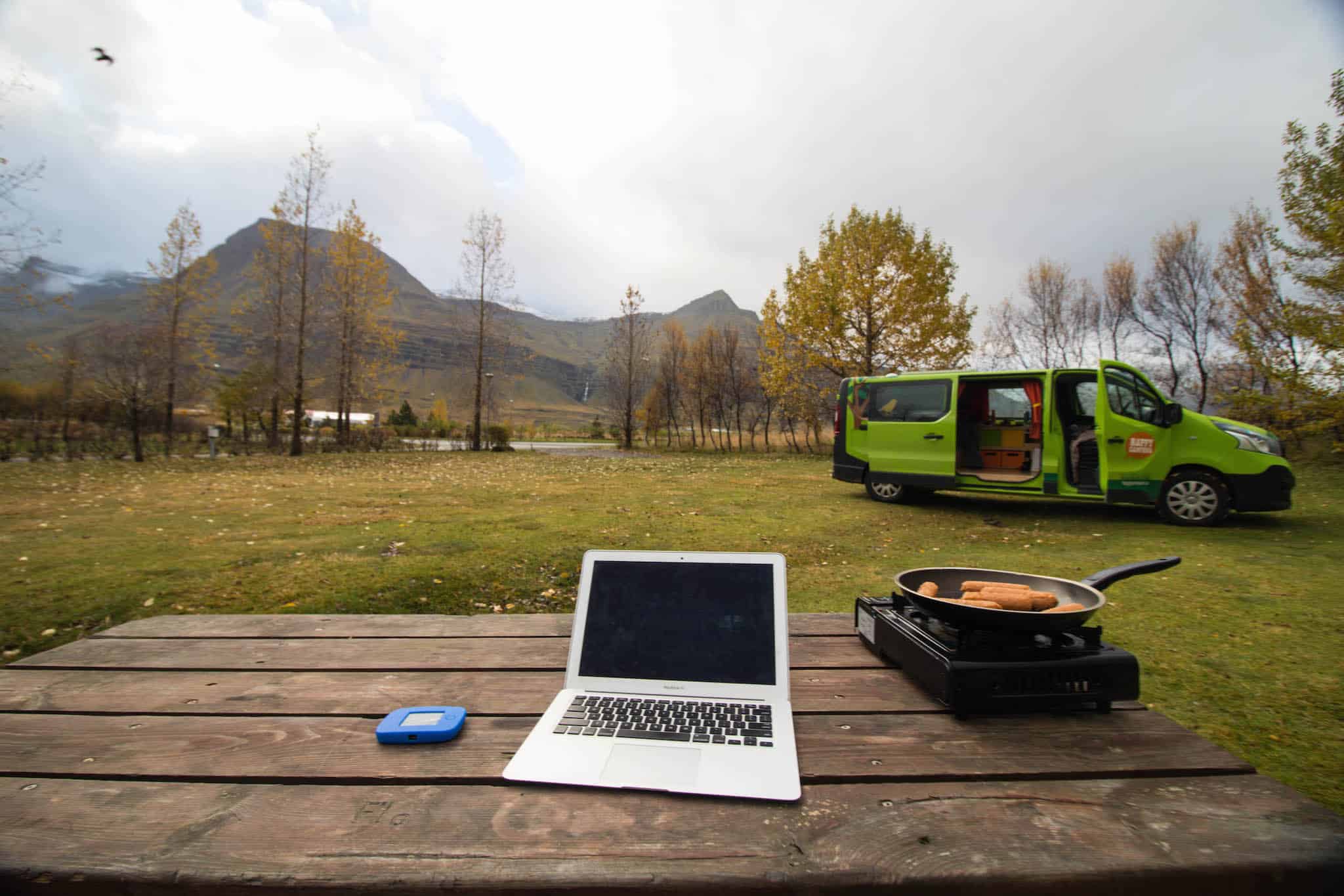 Cooking at a campsite in Iceland with our Happy Camper campervan