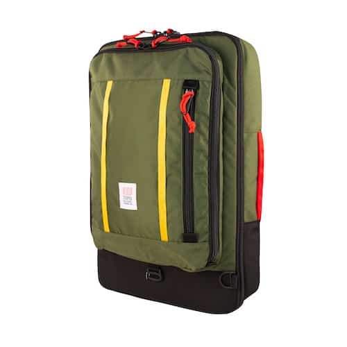 Topo Designs - Travel Backpack in green and yellow color with red trim makes for a stylish men's travel backpack