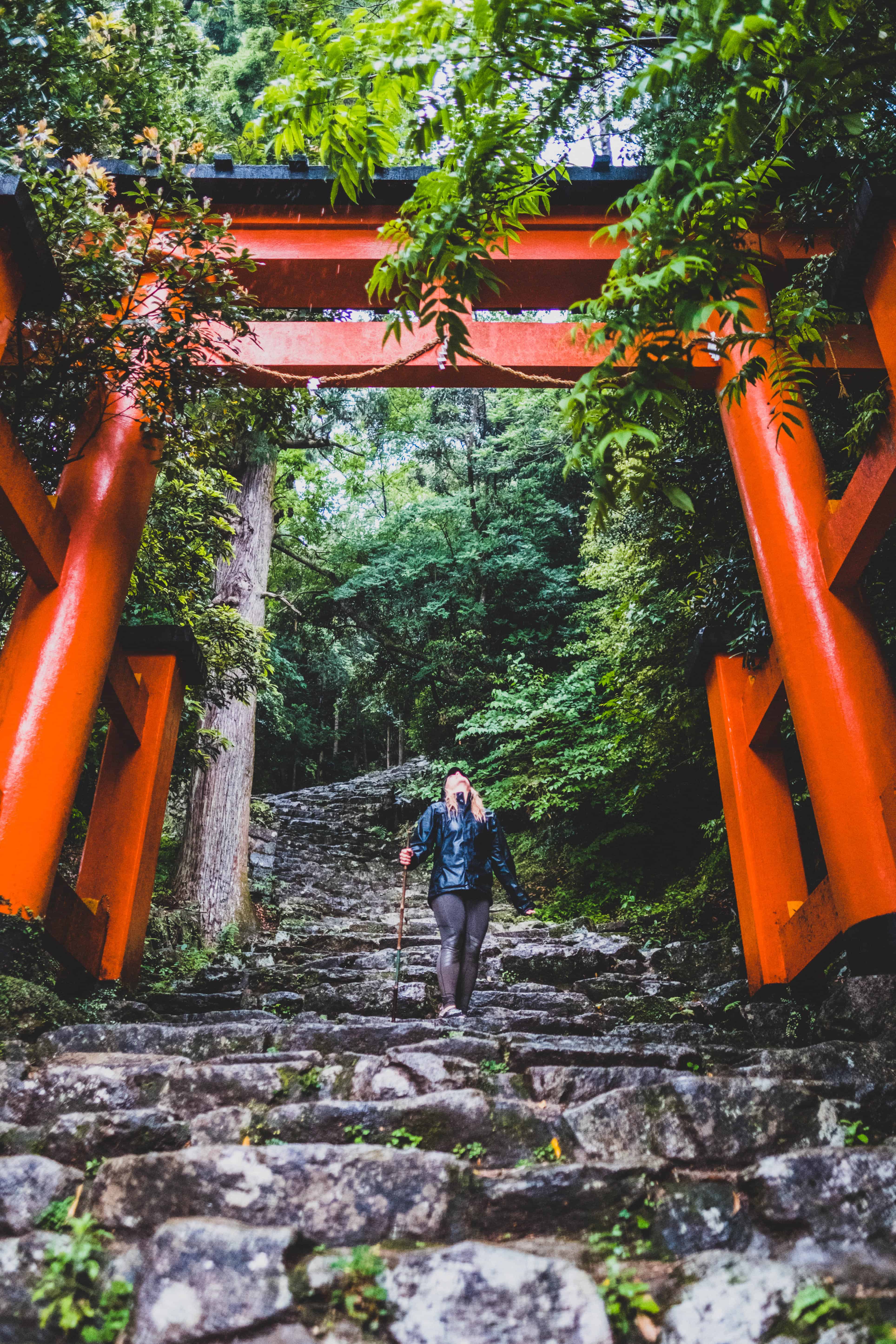 Torrential Rain On Kumano Kodo With Natasha Standing Underneath A Torii