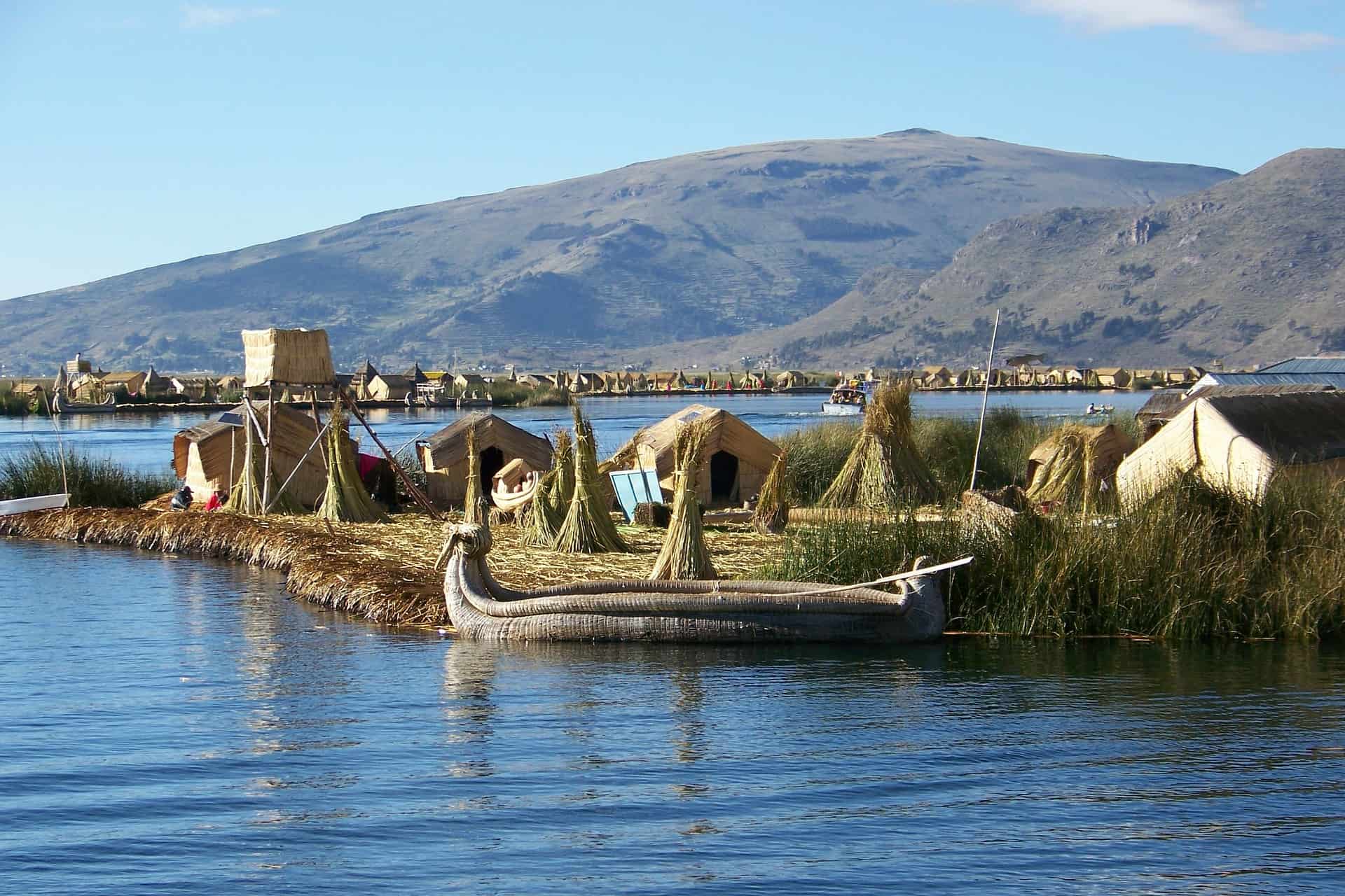 People live on Lake Titicaca on floating islands made of grass.