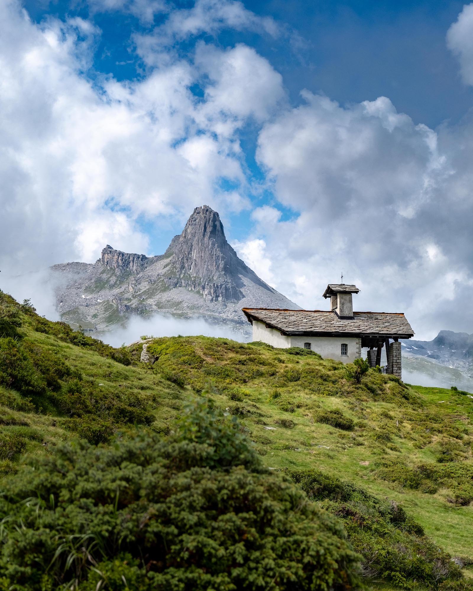 Church in Front of Mountain in Vals